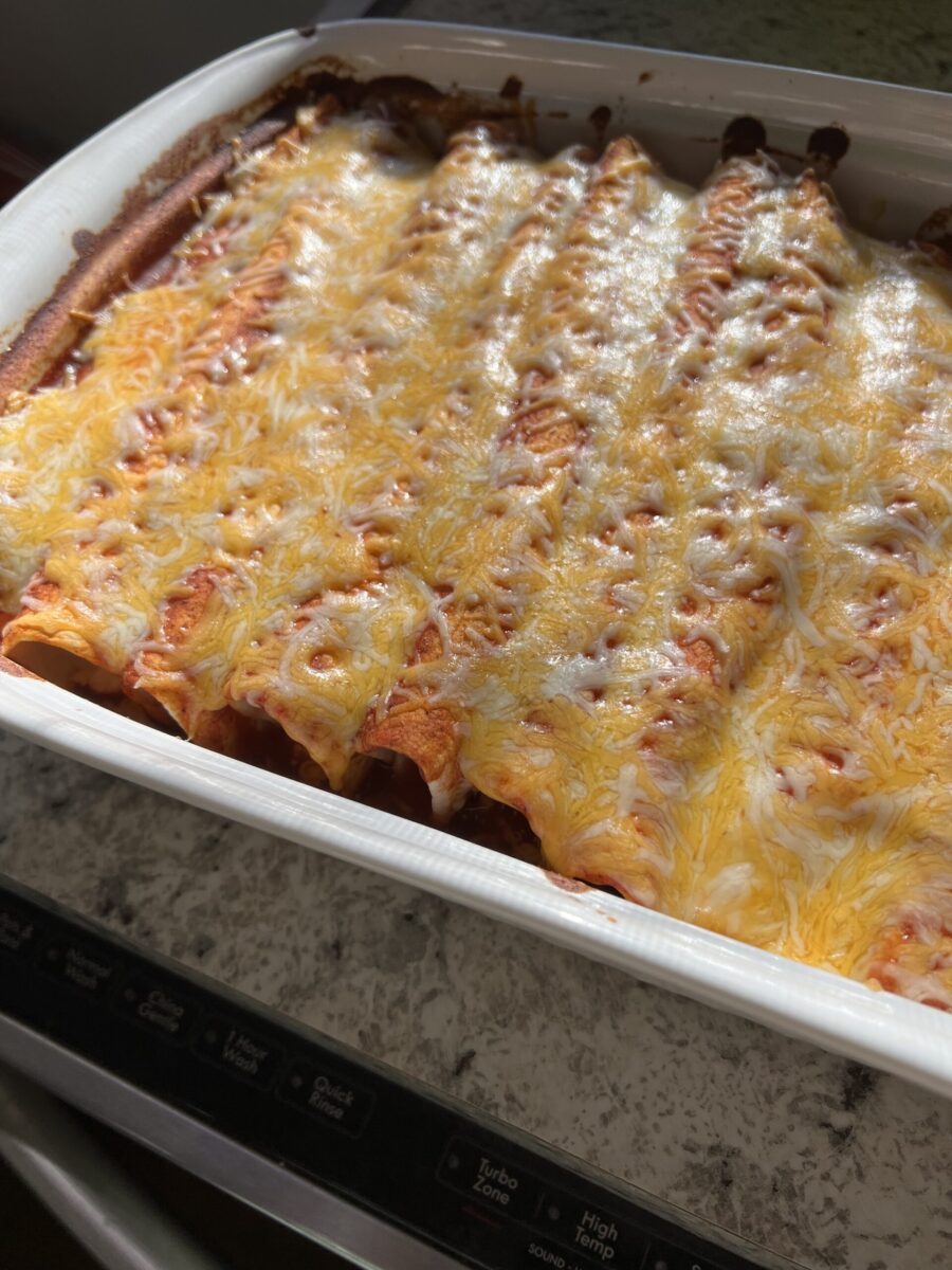 white 9x13 baking dish with chicken and black bean enchiladas topped with colby jack cheese