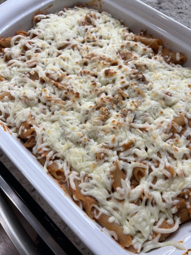fake baked ziti with bubbly and golden mozzarella cheese on top